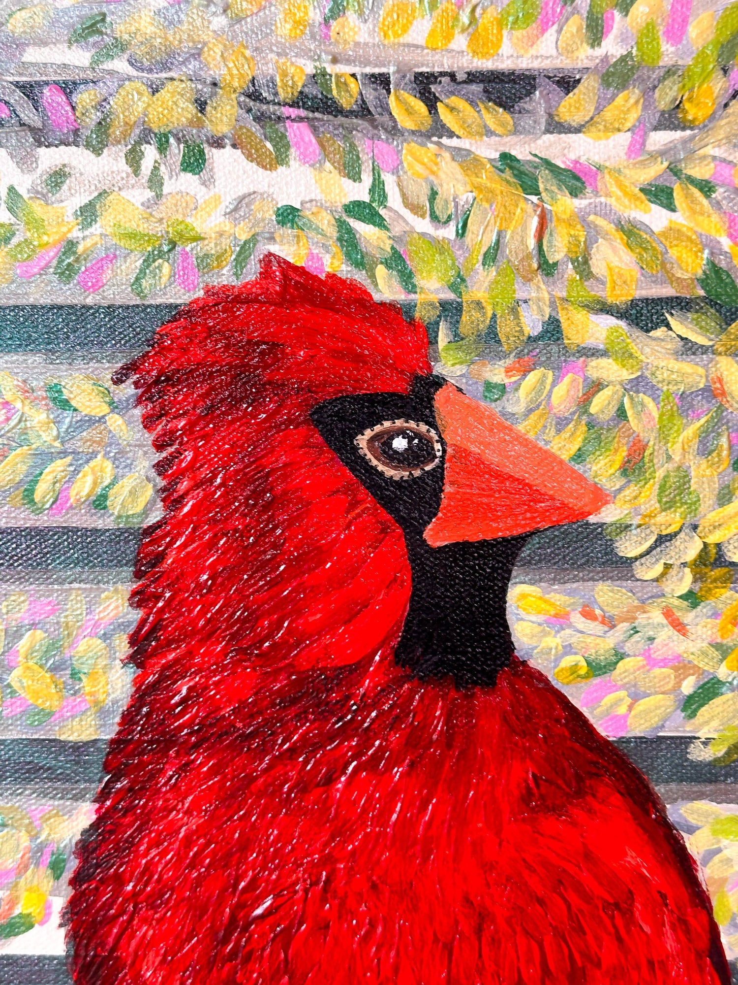 Red Cardinal in Spring Blossoms Acrylic on Canvas Maximalist Painting Acrylic on Canvas, 24”x 36” HELLO MISS E. 
