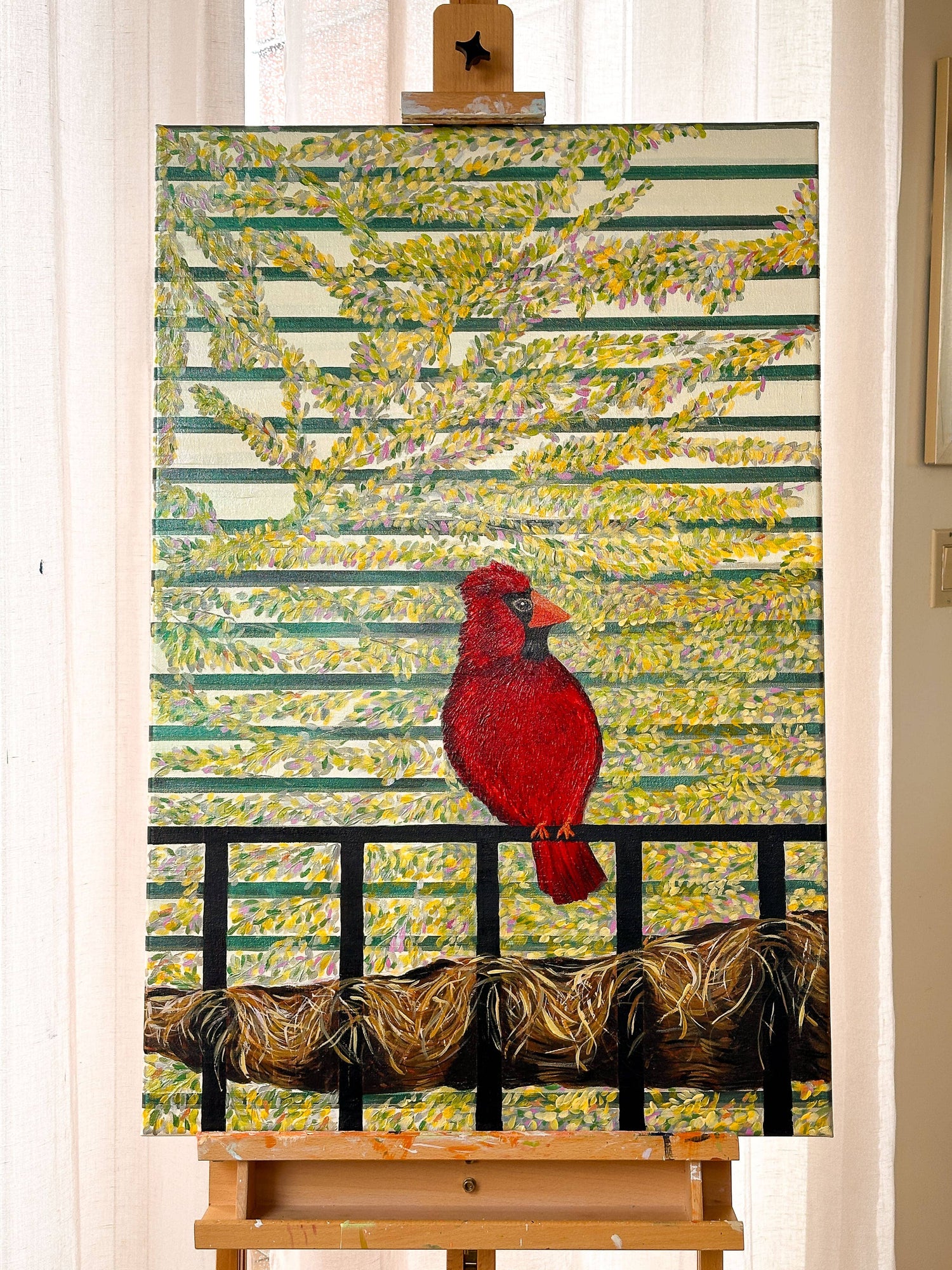 Red Cardinal in Spring Blossoms Acrylic on Canvas Maximalist Painting Acrylic on Canvas, 24”x 36” HELLO MISS E. 