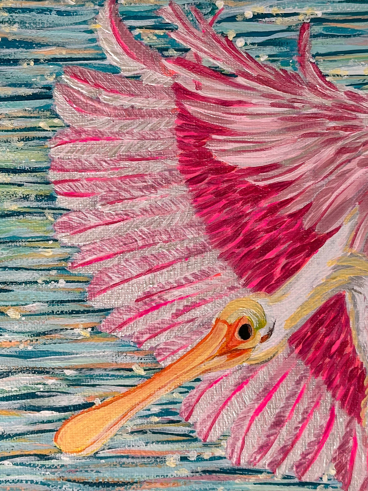 Roseate Spoonbill Contemporary Acrylic on Canvas Painting Acrylic on Canvas, 8” x 8” HELLO MISS E. 