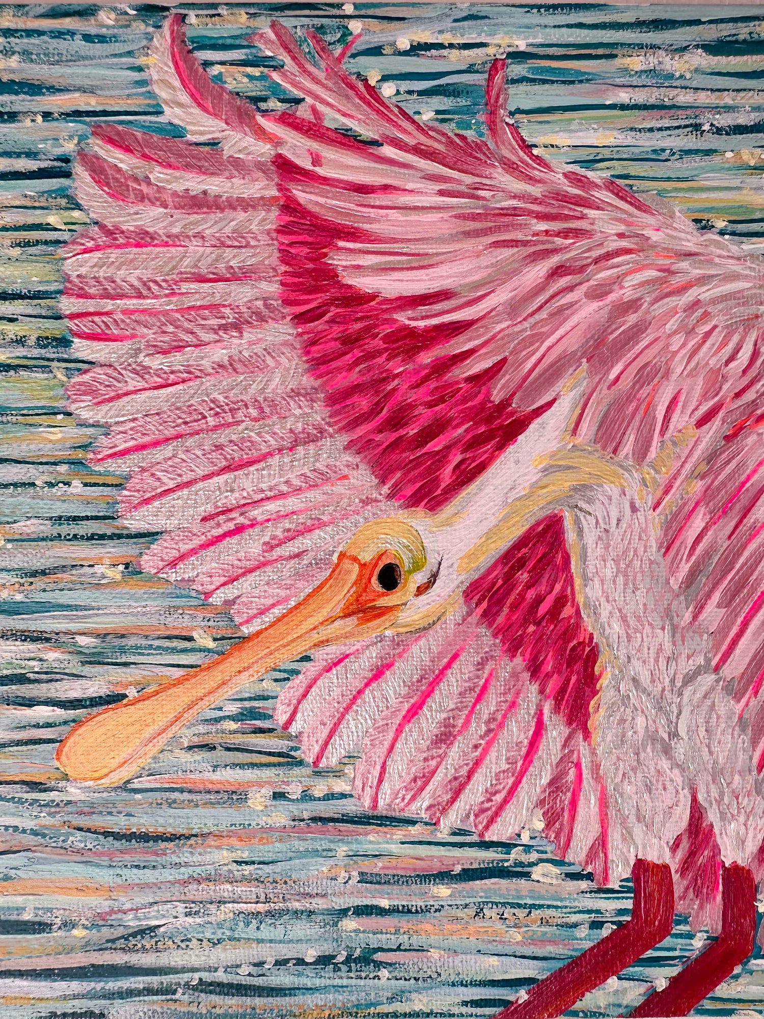Roseate Spoonbill Contemporary Acrylic on Canvas Painting Acrylic on Canvas, 8” x 8” HELLO MISS E. 